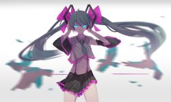 Rule 34 | 1girl, absurdres, bad id, bad pixiv id, bird, black skirt, blue eyes, bow, cowboy shot, crop top, detached sleeves, floating hair, green hair, green necktie, grey background, groin, hair bow, hatsune miku, headphones, hibikase (vocaloid), highres, long hair, looking at viewer, midriff, miniskirt, multiple girls, navel, necktie, pleated skirt, purple bow, shirt, short necktie, skirt, sleeveless, sleeveless shirt, solo, standing, stomach, suspender skirt, suspenders, twintails, very long hair, vocaloid, white shirt, yyb