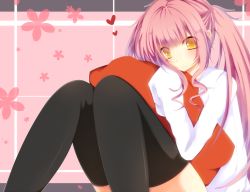 Rule 34 | 1girl, bad id, bad pixiv id, black thighhighs, bloodcatblack, heart, long hair, original, pillow, pink hair, sleeves past wrists, solo, thighhighs, twintails, yellow eyes