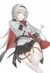 Rule 34 | 1girl, armband, azur lane, belt, blue eyes, braid, cape, commentary, commentary request, garter straps, gloves, hairband, highres, leg lift, long hair, looking at viewer, mainz (azur lane), mik bla, military, military uniform, parted lips, pleated skirt, silver hair, simple background, skirt, solo, sword, thigh strap, thighhighs, uniform, weapon
