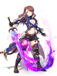 Rule 34 | 10s, 1girl, armor, armored boots, armored dress, aura, beatrix (granblue fantasy), belt, blush, boots, breasts, brown hair, cleavage, cleavage cutout, clothing cutout, gloves, granblue fantasy, green eyes, hair ornament, hayabusa (vert 320), highres, holding, holding sword, holding weapon, large breasts, long hair, long sleeves, looking at viewer, midriff, navel, ponytail, sabaton, short shorts, shorts, smile, solo, sword, thighhighs, weapon