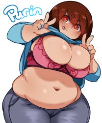 Rule 34 | 1girl, :p, belly, bra, breasts, brown eyes, brown hair, character name, cleavage, clothes lift, denim, double v, highres, huge breasts, jeans, lifting own clothes, lightsource, looking at viewer, love handles, muffin top, nail polish, pants, pink bra, plump, purin (lightsource), shirt lift, solo, source request, thick eyebrows, thick thighs, thighs, tongue, tongue out, underwear, v, wide hips