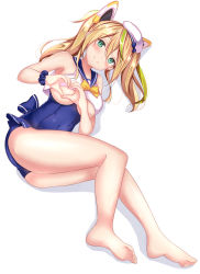 Rule 34 | 1girl, ass, bad id, bad pixiv id, bare legs, bare shoulders, barefoot, beret, blonde hair, blue bow, blue one-piece swimsuit, blue sailor collar, blue scrunchie, blush, bow, bowtie, breasts, closed mouth, covered navel, crop top, full body, gene (pso2), green eyes, green hair, hair between eyes, hair ornament, hat, heart, heart hands, highres, long hair, lying, medium breasts, mini hat, multicolored hair, on side, one-piece swimsuit, phantasy star, phantasy star online 2, sailor collar, scrunchie, shadow, shirt, sidelocks, simple background, sleeveless, sleeveless shirt, smile, solo, streaked hair, swimsuit, thighs, twintails, underboob, white background, white hat, white shirt, wrist scrunchie, yellow bow, yellow bowtie, yuano
