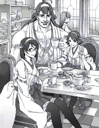 Rule 34 | 10s, 1boy, 3girls, ahoge, arm at side, bare shoulders, book, chair, checkered floor, chest hair, container, cup, detached sleeves, elbow rest, flipped hair, flower, food, genderswap, genderswap (ftm), glasses, greyscale, grin, hairband, haruna (kancolle), headgear, hiei (kancolle), highres, holding, holding cup, indoors, kantai collection, kirishima (kancolle), kongou (kancolle), long hair, looking at viewer, manly, monochrome, muffin, multiple girls, no legwear, nobita (makoto7060355), nontraditional miko, parted bangs, plate, pleated skirt, ribbon-trimmed sleeves, ribbon trim, sandwich, saucer, semi-rimless eyewear, shelf, short hair, sitting, size difference, skirt, sleeves past wrists, smile, spoon, stained glass, table, teacup, teapot, thighhighs, tiered tray, under-rim eyewear, v, window