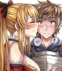 Rule 34 | !, 10s, 1boy, 1girl, armor, bare shoulders, black bow, blonde hair, blue hoodie, blush, bow, breasts, brown eyes, brown hair, closed eyes, closed mouth, commentary, couple, detached sleeves, frills, gran (granblue fantasy), granblue fantasy, hair bow, heart, hetero, hood, hoodie, kiss, kissing cheek, large breasts, light smile, long hair, matching hair/eyes, neck, ponytail, red detached sleeves, sanmoto gorouzaemon, short hair, smile, spoken exclamation mark, spoken heart, surprised, upper body, vira (granblue fantasy), white background