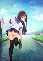 Rule 34 | 1girl, :o, adjusting clothes, adjusting shoe, arm support, ass, bad id, bad pixiv id, black footwear, black hair, black thighhighs, blue sailor collar, blue sky, blush, cloud, cloudy sky, commentary request, day, highres, karin (fineyanny), long hair, looking down, miniskirt, open mouth, original, outdoors, panties, pleated skirt, purple eyes, road, road sign, sailor collar, school uniform, serafuku, shirt, shoes, short sleeves, sign, skirt, sky, solo, standing, standing on one leg, thighhighs, underwear, very long hair, white panties, white shirt
