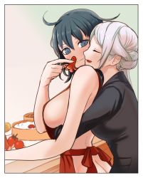 Rule 34 | 2girls, apron, ass, bad id, bad twitter id, breasts, butt crack, byleth (female) (fire emblem), byleth (fire emblem), edelgard von hresvelg, fire emblem, fire emblem: three houses, food, highres, hug, hug from behind, large breasts, multiple girls, naked apron, nieto tokage, nintendo, sideboob, silver hair, smile, upper body, yuri