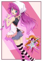 Rule 34 | 1girl, absurdres, blue eyes, blush, child, highres, hiroki (vvkagerouvvr2), kirishima romin, long hair, looking at viewer, open mouth, purple hair, striped clothes, striped thighhighs, thighhighs, yu-gi-oh!