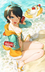 Rule 34 | 1girl, ;d, animal, aqua eyes, bare legs, beach, bikini, bird, black hair, blue hairband, blush, brand name imitation, breasts, can, can to cheek, cleavage, cola, collarbone, commentary request, day, drink can, drinking, ecien, fake tail, from side, full body, hairband, highres, holding, holding can, hololive, hood, hood down, hooded jacket, innertube, jacket, long sleeves, looking at viewer, looking to the side, medium breasts, multicolored clothes, multicolored jacket, navel, ocean, on ground, one eye closed, oozora subaru, oozora subaru (hololive summer 2019), open clothes, open jacket, open mouth, outdoors, polka dot, polka dot hairband, ribbon, sandals, short hair, sitting, sleeping, sleeping with eyes open, smile, soda can, solo, striped bikini, striped clothes, sunglasses, swim ring, swimsuit, tail, two-tone jacket, virtual youtuber, wariza, water, yellow bikini, yellow ribbon