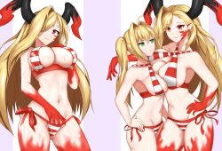 Rule 34 | 2girls, bikini, blonde hair, breasts, fate/grand order, fate (series), green eyes, horns, large breasts, multiple girls, nero claudius (fate), nero claudius (fate) (all), nero claudius (swimsuit caster) (fate), pointy ears, queen draco (fate), queen draco (third ascension) (fate), red eyes, striped bikini, striped clothes, swimsuit, venus 01