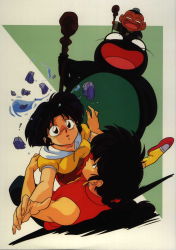 Rule 34 | 1990s (style), 1boy, 1girl, bare shoulders, black eyes, black hair, evil smile, fallen down, falling, girl on top, highres, looking at viewer, lying, monster, nakajima atsuko, non-web source, on back, outstretched arm, ranma 1/2, retro artstyle, saotome ranma, short hair, silhouette, smile, spiked hair, tendou akane, wide-eyed