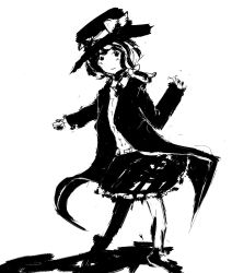 Rule 34 | 1girl, bad id, bad pixiv id, black hair, bow, coat, greyscale, hair bow, hat, hat bow, highres, light smile, monochrome, open clothes, open coat, shirt, side ponytail, sketch, skirt, solo, timesoe, touhou, usami renko, white bow, white shirt