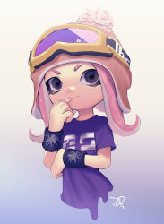 Rule 34 | 1girl, arm grab, artist name, black eyes, bobblehat, closed mouth, cropped torso, emblem, goggles, goggles on headwear, gradient background, hat, highres, inkling (language), light smile, looking at viewer, multicolored background, nintendo, octoling, octoling girl, octoling player character, octopus, pink hair, pink hat, pink shirt, puchiman, shirt, short hair, short sleeves, sidelocks, signature, solo, splatoon (series), splatoon 2, standing, t-shirt, tentacle hair, upper body, wristband