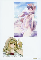 Rule 34 | 1boy, 1girl, absurdres, animal ears, bed sheet, blush, breast press, breasts, brown hair, cleavage, closed eyes, closed mouth, collarbone, covered navel, craft lawrence, day, fang, fang out, hair censor, hair over breasts, highres, holo, koume keito, long hair, looking at viewer, lying, medium breasts, mixed-sex bathing, multiple views, nude, official art, on stomach, onsen, outdoors, page number, pouch, red eyes, scan, shared bathing, silver hair, sitting, small breasts, smile, spice and wolf, tail, under covers, wet towel, wolf ears, wolf tail