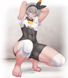 Rule 34 | 1girl, abs, absurdres, arms behind head, arms up, barefoot, bea (pokemon), black bodysuit, black hairband, blue eyes, blush, bodysuit, bodysuit under clothes, bow hairband, breasts, closed mouth, collared shirt, covered navel, creatures (company), dark-skinned female, dark skin, feet, game freak, grey hair, gym leader, hair between eyes, hairband, highres, knee pads, looking at viewer, muscular, muscular female, nintendo, pokemon, pokemon swsh, ruton-niki, shirt, short hair, short sleeves, small breasts, solo, squatting, sweat, thighs, tied shirt, toned, white shirt