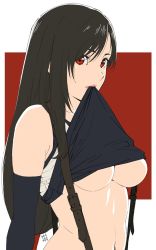 Rule 34 | 1girl, black hair, breasts, brown eyes, cleavage, clothes in mouth, clothes lift, elbow gloves, final fantasy, final fantasy vii, final fantasy vii remake, gloves, highres, lifting own clothes, long hair, looking at viewer, mouth hold, navel, shirt in mouth, shirt lift, sleeveless, solo, sports bra, sports bra lift, stomach, suspenders, tank top, tifa lockhart, tokuoka kouhei, underboob, upper body