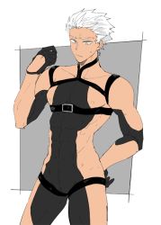 Rule 34 | 1boy, adapted costume, archer (fate), bad id, bad twitter id, black gloves, bodysuit, chaldea combat uniform, contrapposto, cosplay, dark-skinned male, dark skin, fate/grand order, fate/stay night, fate (series), flat color, fujimaru ritsuka (male), fujimaru ritsuka (male) (chaldea combat uniform), fujimaru ritsuka (male) (cosplay), gloves, hand on own hip, looking down, male focus, official alternate costume, revealing clothes, skin tight, solo, spiked hair, standing, white hair
