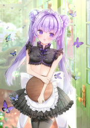 Rule 34 | 1girl, absurdres, ahoge, animal, apron, back bow, bad id, bad pixiv id, bare arms, bare shoulders, black shirt, black skirt, black thighhighs, blurry, blurry background, blush, bow, bug, butterfly, commentary request, depth of field, door, double bun, floral print, frilled apron, frilled skirt, frills, hair bun, hair intakes, head tilt, highres, holding, holding tray, huge filesize, insect, ktm, lace, lace-trimmed legwear, lace trim, long hair, looking at viewer, open mouth, original, pleated skirt, print skirt, purple bow, purple eyes, purple hair, shirt, skirt, sleeveless, sleeveless shirt, solo, thighhighs, tray, twintails, very long hair, waist apron, waitress, white apron, white bow