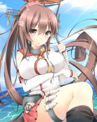Rule 34 | 10s, 1girl, anchor, blush, breasts, brown eyes, brown hair, detached sleeves, elbow gloves, fingerless gloves, flower, gloves, hair flower, hair ornament, highres, holding, kantai collection, large breasts, long hair, looking at viewer, miniskirt, navy (navy.blue), ocean, oil-paper umbrella, pleated skirt, ponytail, skirt, solo, thighhighs, umbrella, very long hair, yamato (kancolle)