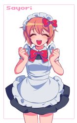 Rule 34 | 1girl, :d, ^ ^, alternate costume, border, bow, bowtie, brown hair, character name, clenched hands, closed eyes, cowboy shot, doki doki literature club, enmaided, facing viewer, hair bow, hands up, maid, maid headdress, open mouth, red bow, red bowtie, sasakama (sasagaki01), sayori (doki doki literature club), short hair, short sleeves, simple background, smile, solo, white background