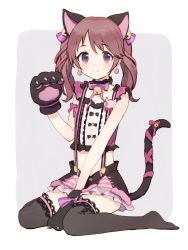Rule 34 | 1girl, animal ears, animal hands, bare arms, bell, between legs, black thighhighs, brown hair, cat ears, cat tail, earrings, full body, gloves, hair bell, hair ornament, hand between legs, hand up, highres, idolmaster, jewelry, jingle bell, long hair, looking at viewer, paw gloves, purple eyes, ribbon, shiina noriko, shone, simple background, sitting, smile, solo, suspenders, tail, tail ornament, tail ribbon, thighhighs, twintails