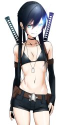 Rule 34 | 10s, 1girl, aconitea, arm strap, bad id, bad pixiv id, bare shoulders, belt, bikini, bikini top only, black gloves, black hair, black rock shooter, black rock shooter (character), blue eyes, choker, collarbone, contrapposto, cowboy shot, dog tags, elbow gloves, fingerless gloves, flat chest, gloves, glowing, glowing eye, highres, katana, light smile, long hair, midriff, navel, scar, short shorts, shorts, solo, standing, stitches, swimsuit, sword, twintails, weapon, white background
