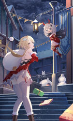 Rule 34 | 2girls, absurdres, blonde hair, blue eyes, christmas, detached sleeves, dress, dropped object, ekidona, fake antlers, floating, genshin impact, highres, holding, holding sack, long hair, looking at viewer, looking back, lumine (genshin impact), medium hair, multiple girls, night, night sky, open mouth, outdoors, paimon (genshin impact), red dress, sack, sky, stairs, thighhighs, walking, white hair, white thighhighs, yellow eyes