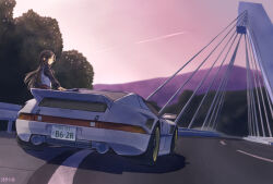 Rule 34 | 1girl, baronilu, black hair, black shirt, bridge, car, commentary, english commentary, from behind, guard rail, highres, license plate, long hair, long sleeves, motor vehicle, mountain, outdoors, ridge racer, road, shirt, solo, sports car, standing, vehicle focus, vehicle request