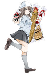Rule 34 | 1girl, ;), bag, blue footwear, blue hat, blue shirt, bottle, brown eyes, brown hair, bucket, closed mouth, commentary request, from behind, full body, gift, girls und panzer, grey skirt, grey socks, hagi midori, hat, highres, holding, holding bottle, holding gift, holding instrument, instrument, kantele, keizoku school uniform, leg up, loafers, long hair, long sleeves, looking at viewer, looking back, mika (girls und panzer), miniskirt, one eye closed, pleated skirt, salmiakki, school uniform, shirt, shoes, simple background, skirt, smile, socks, solo, standing, standing on one leg, striped clothes, striped shirt, vertical-striped clothes, vertical-striped shirt, white background, wine bottle