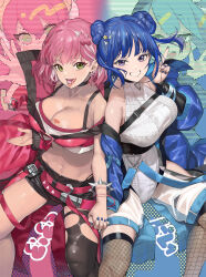 Rule 34 | 2girls, blue hair, breasts, candy, cleavage, double bun, dual persona, duel monster, evil twin ki-sikil, evil twin lil-la, fishnet thighhighs, fishnets, food, food in mouth, green eyes, hair bun, highres, holding hands, interlocked fingers, jacket, ki-sikil (yu-gi-oh!), large breasts, leotard, lil-la (yu-gi-oh!), live twin ki-sikil, live twin lil-la, long hair, looking at viewer, midriff, multiple girls, official alternate costume, open mouth, pink hair, purple eyes, short hair, short shorts, shorts, single thighhigh, smile, thighhighs, tongue, tongue out, torn clothes, torn thighhighs, yappen, yu-gi-oh!