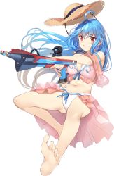 Rule 34 | 1girl, ahoge, aiming, barefoot, bikini, blue hair, bow (weapon), breasts, cleavage, crossbow, feet, foreshortening, full body, gluteal fold, hat, holding, holding weapon, koga (oshiro project), long hair, medium breasts, navel, no shoes, official art, oshiro project:re, oshiro project:re, red eyes, soles, solo, stomach, straw hat, swimsuit, toes, transparent background, weapon, white bikini, yappen