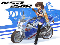 Rule 34 | 1girl, apron, black footwear, black thighhighs, blue skirt, boots, brown gloves, brown hair, cross-laced footwear, flight deck, full body, glove in mouth, gloves, hakama, hakama short skirt, hakama skirt, honda, honda nsr250r, japanese clothes, kaga (aircraft carrier), kaga (kancolle), kantai collection, lace-up boots, long hair, looking at viewer, motor vehicle, motorcycle, mouth hold, muneate, side ponytail, siozirinootaku21, sitting, skirt, solo, tasuki, thighhighs, vehicle name, yellow eyes