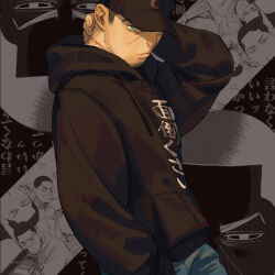 Rule 34 | 1boy, arm behind head, arm up, baseball cap, black background, black headwear, black hoodie, blue pants, chengongzi123, closed mouth, collage background, contemporary, denim, facial hair, goatee stubble, golden kamuy, green eyes, hand in pocket, hat, highres, hood, hood down, hoodie, jeans, long sleeves, looking at viewer, male focus, pants, scar, scar on neck, short hair, standing, stubble, tsukishima hajime, upper body, very short hair