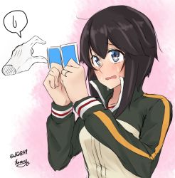Rule 34 | 1girl, black hair, blue eyes, card, commentary request, disembodied hand, hanaya (oegven9), hayasui (kancolle), highres, jacket, kantai collection, long sleeves, multicolored clothes, multicolored jacket, old maid, one-hour drawing challenge, playing card, short hair, signature, sweat, tears, track jacket, twitter username, upper body