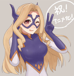 Rule 34 | 10s, 1girl, blonde hair, blush, bodysuit, boku no hero academia, breasts, collarbone, domino mask, drill hair, gloves, hand in own hair, hands up, happy, horns, japanese text, kanji, large breasts, long hair, looking at viewer, mask, medium breasts, mount lady, nanashino (yamayan325), one eye closed, pink background, purple eyes, simple background, skin tight, smile, solo, standing, superhero costume, translation request, upper body, v, wink