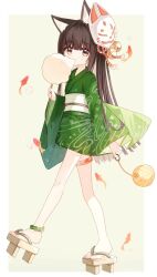 Rule 34 | 1girl, animal, animal ear fluff, animal ears, bell, black hair, blush, brown eyes, brown footwear, brown hair, commentary request, cotton candy, fish, food, fox ears, fox mask, goldfish, green kimono, grey background, highres, holding, holding food, japanese clothes, jingle bell, kimono, long hair, long sleeves, looking at viewer, mask, mask on head, obi, original, sash, short kimono, solo, two-tone background, very long hair, walking, white background, wide sleeves, yuuhagi (amaretto-no-natsu)