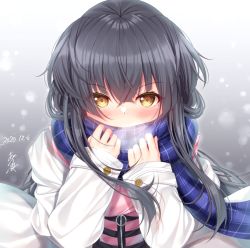 Rule 34 | 1girl, bad id, bad pixiv id, black hair, blue scarf, blush, breath, brown eyes, commentary request, covered mouth, dated, gradient background, grey background, hair between eyes, hands up, idolmaster, idolmaster shiny colors, jacket, long hair, long sleeves, mayuzumi fuyuko, open clothes, open jacket, pink shirt, plaid, plaid scarf, scarf, shirt, signature, sleeves past wrists, solo, two side up, upper body, white background, white jacket, yunagi amane