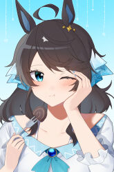 Rule 34 | 1girl, absurdres, ahoge, alternate costume, animal ears, black hair, blue background, blue eyes, blush, casual, closed mouth, collarbone, commentary request, daring tact (umamusume), eating, fingernails, food, fork, highres, horse girl, long hair, looking at viewer, applying manicure, nail polish, oishi ninjin delicious, one eye closed, portrait, solo, umamusume