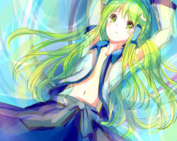 Rule 34 | 1girl, arms up, blood, colored blood, detached sleeves, frog hair ornament, gradient background, green blood, green eyes, hair ornament, kashiwagi chisame, kochiya sanae, long hair, long sleeves, midriff, navel, no bra, open clothes, open shirt, see-through, shirt, skirt, solo, touhou, very long hair