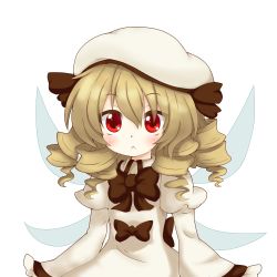 Rule 34 | 1girl, blush, brown hair, drill hair, fairy wings, female focus, hat, highres, keyaki chimaki, long hair, luna child, red eyes, solo, touhou, transparent background, white background, wings