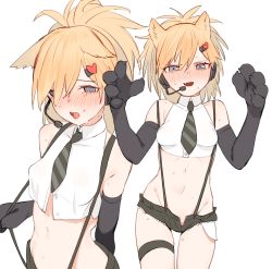 Rule 34 | 1girl, @ @, absurdres, adapted costume, alternate hairstyle, animal ears, animal hands, beijuu, black gloves, blonde hair, blue eyes, blush, breasts, cowboy shot, crop top, cutoffs, elbow gloves, embarrassed, fang, girls&#039; frontline, gloves, hair ornament, hairclip, headset, highres, idw (girls&#039; frontline), midriff, multiple views, navel, necktie, open fly, open mouth, open pants, pants, paw gloves, ponytail, shirt, short shorts, shorts, simple background, sleeveless, sleeveless shirt, small breasts, suspenders, sweat, thigh strap, wavy mouth, white background