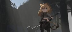 Rule 34 | 1girl, amonitto, animal ears, arknights, belt, black pants, brown eyes, brown hair, closed mouth, day, detached sleeves, feet out of frame, grey shirt, hammer, hand on own hip, highres, holding, holding hammer, lion tail, long hair, looking at viewer, outdoors, pants, ruins, shirt, short sleeves, siege (arknights), siege (city destroyer) (arknights), solo, standing, sunlight, tail