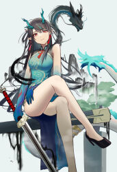 Rule 34 | absurdres, aqua dress, arknights, bead bracelet, beads, black hair, bracelet, china dress, chinese clothes, dragon girl, dragon horns, dragon tail, dress, dusk (arknights), dusk (everything is a miracle) (arknights), earrings, fiery tail, gradient skin, green horns, hakura akiko, hand on own thigh, highres, holding, holding sword, holding weapon, horns, jewelry, looking at viewer, pointy ears, red eyes, slit pupils, sword, tail, tail ornament, tail ring, tassel, tassel earrings, weapon