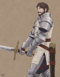 Rule 34 | 1boy, armor, beard, brown background, brown eyes, brown hair, facial hair, gauntlets, guildus winzalf burn, highres, holding, holding sword, holding weapon, male focus, mustache, sheath, simple background, solo, standing, sword, tactics ogre, weapon, windcaller