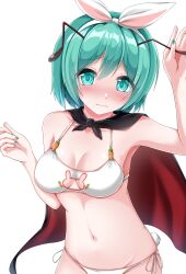 Rule 34 | 1girl, absurdres, antennae, bikini, black cape, blush, breasts, cape, carrot, cleavage, closed mouth, commentary request, green eyes, green hair, groin, hairband, highres, looking at viewer, medium breasts, muki (munikichan), navel, rabbit lingerie, short hair, simple background, solo, swimsuit, touhou, white background, white bikini, white hairband, wriggle nightbug