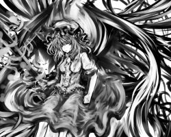Rule 34 | 1girl, acryl, bad id, bad pixiv id, buttons, dress, female focus, greyscale, hat, looking at viewer, mob cap, monochrome, puffy short sleeves, puffy sleeves, remilia scarlet, short hair, short sleeves, solo, touhou, vampire, wings