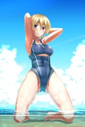 Rule 34 | 10s, 1girl, :/, abs, absurdres, armpits, arms behind head, bad id, bad pixiv id, blonde hair, blue eyes, blue sky, blush, breasts, cleavage, clothing cutout, cloud, competition swimsuit, darjeeling (girls und panzer), day, girls und panzer, groin, highres, kneeling, large breasts, one-piece swimsuit, orange (sal1014), partially submerged, sideboob, sky, solo, swimsuit, thighs, underboob, underboob cutout, wet