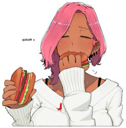 Rule 34 | 1girl, blush, breasts, burger, cleavage, dark-skinned female, dark skin, eating, english text, food, holding, holding food, ketchup, long sleeves, ohasi, original, pink (ohasi), pink hair, short hair, simple background, solo, sweat, sweater, white background