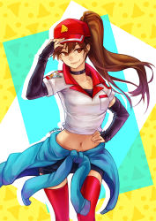 Rule 34 | 1girl, blue eyes, breasts, brown hair, choker, clothes around waist, elbow gloves, fingerless gloves, gloves, hat, league of legends, long hair, pizza delivery sivir, ponytail, red thighhighs, shirt, shirt around waist, sivir, solo, thighhighs, vmat