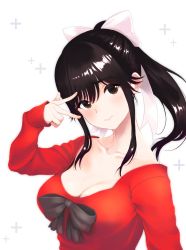 Rule 34 | 1girl, arm up, black bow, black hair, blush, bow, breasts, brown eyes, cleavage, collarbone, hair bow, highres, long hair, long sleeves, looking at viewer, love plus, masaoka misaki, medium breasts, off-shoulder sweater, off shoulder, pink bow, ponytail, red sweater, simple background, smile, solo, sweater, takane manaka, upper body, v, white background