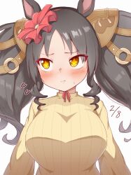 +_+ 1girl animal_ears black_hair blush breasts hair_ornament hekahire_isurus highres horse_ears horse_girl large_breasts marvelous_sunday_(umamusume) pout simple_background solo sweater twintails umamusume white_background